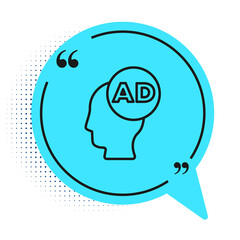 Black line Advertising icon isolated on white background. Concept of marketing and promotion process. Responsive ads. Social media advertising. Blue speech bubble symbol. Vector.