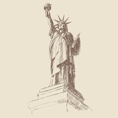Sketch of the Statue of Liberty on a beige background, New York, USA. American national symbol. Woman with torch and book in hand. Vintage brown and beige card, hand-drawn. Old design.