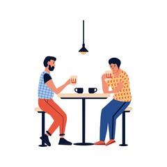 People sitting in a comfortable chairs, men relaxing and drinking beer and coffee