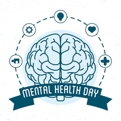 Mental Health Day lettering with brain and icons around