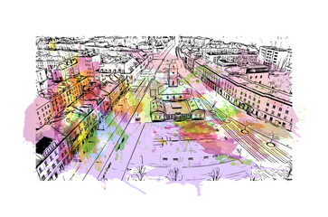 Building view with landmark of Bialystok is the largest city in northeastern Poland. Watercolor splash with hand drawn sketch illustration in vector.