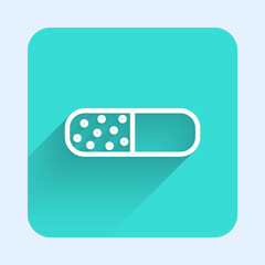 White line Vitamin complex of pill capsule icon isolated with long shadow. Healthy lifestyle. Green square button. Vector.