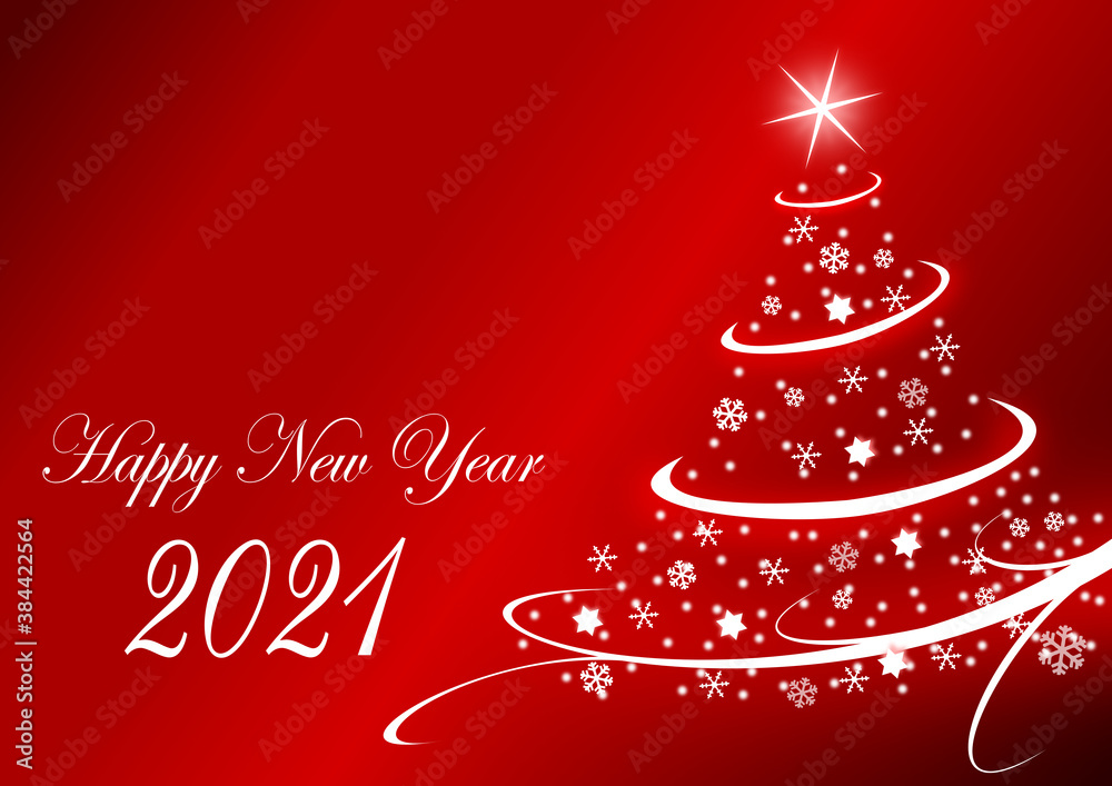 Poster happy new year 2021 greeting card with christmas tree on red background