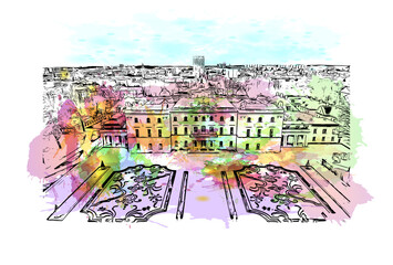 Building view with landmark of Bialystok is the largest city in northeastern Poland. Watercolor splash with hand drawn sketch illustration in vector.