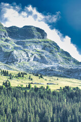Flaine is a beautiful ski area and a modern architecture spot Haute Savoie and in front of Mont Blanc, France. Includes monumental works of art from Picasso, Vasarely and Dubuffet.