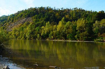 Fototapeta premium mountain river between sheer cliffs . blue clear water of the river.