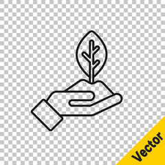 Black line Plant in hand of environmental protection icon isolated on transparent background. Seed and seedling. Planting sapling. Ecology concept. Vector.