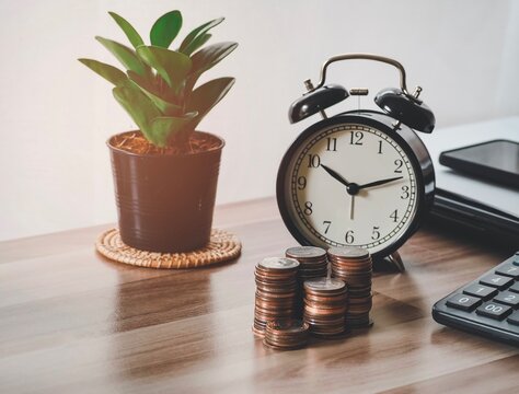 Image of black clock green tree and stack coins on desk of working business people. office supplies. money with time concept.