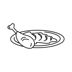 Mashed potatoes and chicken on a plate. Second course. Vector outline icon.