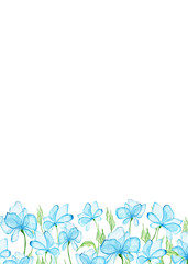 Summer botanical watercolor design banner. Light blue flowers and pale green leaves. Natural card or frame. Floral borders. Place for your text.