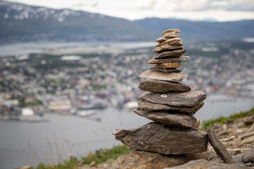 Fototapeta na wymiar Rock balance pile in Tromsø, Norway