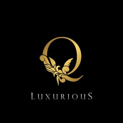 Golden Letter Q Luxury Logo Icon, Vintage Deco Q Letter Logo Design Template