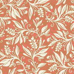 Floral seamless pattern with leaves and berries in coral, cream and chartreuse green colors, hand-drawn and digitized. Design for wallpaper, textile, fabric, wrapping, background.
