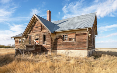 Abandoned school at the ghost town of Nemiskam, Alberta, Canada