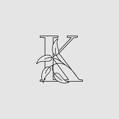 Fototapeta na wymiar Outline Letter K Initial Logo Icon Monogram Nature Leaves Design