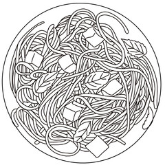 Plate with spaghetti, Basil and cheese, top view. Thin linear drawing with black felt-tip pen on a white background.