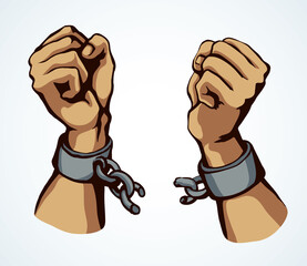 Hands tearing shackles. Vector drawing
