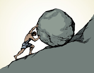 A man rolls a stone up the hill. Vector drawing