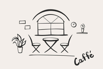 Outline cafe interior with table, chairs and flowerpot. Sketch design vector illustration
