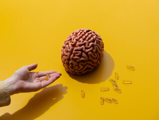 Female holds pills near brain on yellow background