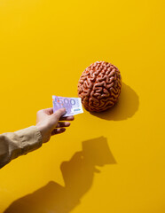 Female hand hold money near brain on yellow background