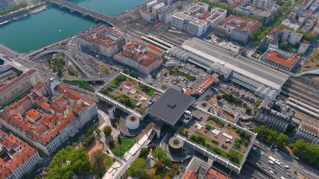 Lyon: Aerial view of historic city in French region of Auvergne-Rh&ocirc;ne-Alpes - landscape panorama of France from above, Europe