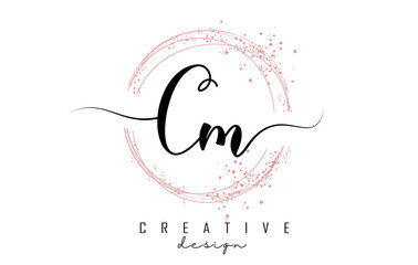 Handwritten Cm C m letter logo with sparkling circles with pink glitter. - obrazy, fototapety, plakaty