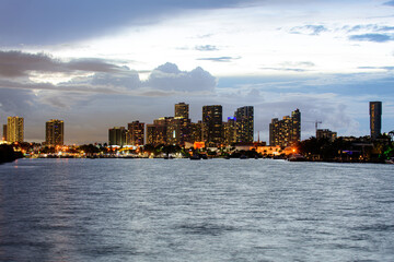 Fototapeta na wymiar Miami night downtown, city Florida. Beautiful Miami Florida skyline at sunset.