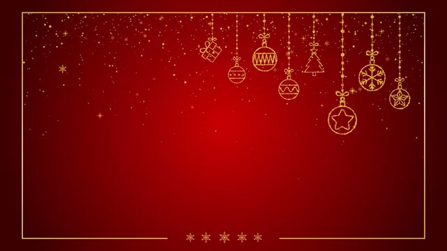 merry christmas and new year concept animation, golden wallpaper, gold shining ornaments on a red background,snowflakes and dust,golden tree and balls and glitter,gift box