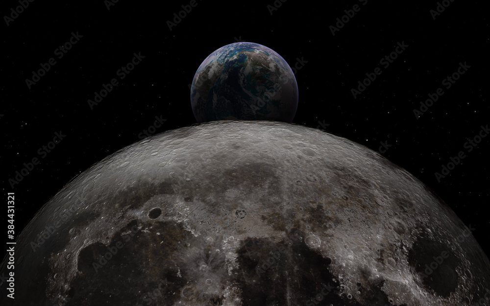 Canvas Prints earth rises above moon surface with huge meteor craters. elements of this image furnished by nasa.