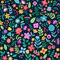 Cute Floral pattern in the small flower. "Ditsy print". Motifs scattered random. Seamless vector texture. Elegant template for fashion prints. Printing with small colorful flowers. Black background.