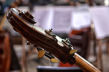 the musical instruments of the symphony orchestra rest before the concert.