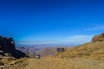 Beautiful and green Sani pass among Drakensberg mountains in Sou