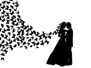 Bride and Groom Silhouette. A lot of flying butterflies. Vector illustration