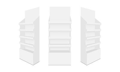 Set of cardboard POS display mockups, front and side view. Vector illustration