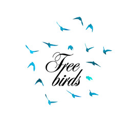 A flock of flying blue birds. Mixed media. Vector illustration