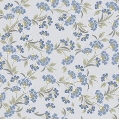 Fototapeta na wymiar Vector floral seamless pattern. Abstract background with simple small blue flowers, leaves, branches. Liberty style wallpapers. Elegant ditsy texture. Repeat natural design for decor, textile, print 