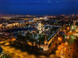 Tula Kremlin, aerial view from drone. Epiphany and Assumption Cathedrals