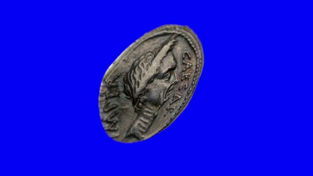Julius caesar Roman Denarius Coin on a Blue Screen