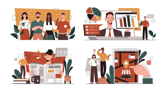 Set of colorful office life concepts depicting various office scenes. Flat cartoon vector illustration with diverse multiethnic fictional business characters isolated on white background