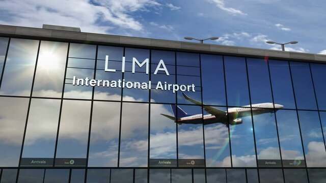 Jet aircraft landing at Lima, Peru 3D rendering animation. Arrival in the city with the glass airport terminal and reflection of the plane. Travel, business, tourism and transport concept.