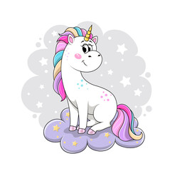 Cute cartoon unicorn sitting on purple fluffy cloud. Flat cartoon vector illustration isolated on white background