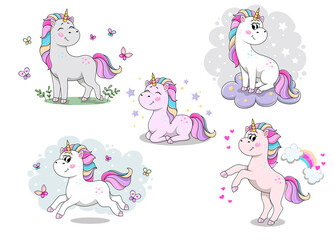 Set of cute cartoon unicorns doing different activities isolated on a white background. Flat cartoon vector illustration isolated on white background