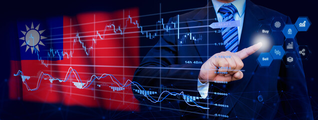 Businessman touching data analytics process system with KPI financial charts, dashboard of stock and marketing on virtual interface. With Taiwan flag in background.