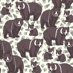 The Bear Family vector pattern on white background with bear footprints	
