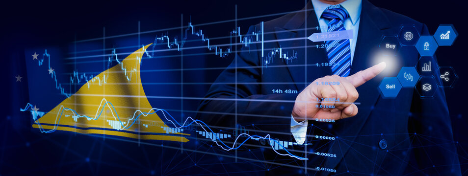 Businessman touching data analytics process system with KPI financial charts, dashboard of stock and marketing on virtual interface. With Tokelau flag in background.