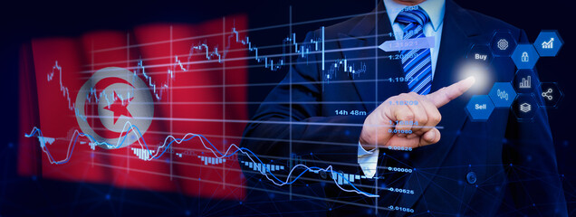Businessman touching data analytics process system with KPI financial charts, dashboard of stock...
