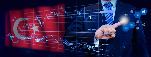 Businessman touching data analytics process system with KPI financial charts, dashboard of stock...