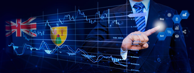 Businessman touching data analytics process system with KPI financial charts, dashboard of stock and marketing on virtual interface. With Turks and Caicos Islands flag in background.