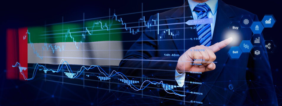 Businessman touching data analytics process system with KPI financial charts, dashboard of stock and marketing on virtual interface. With United Arab Emirates flag in background. - Powered by Adobe